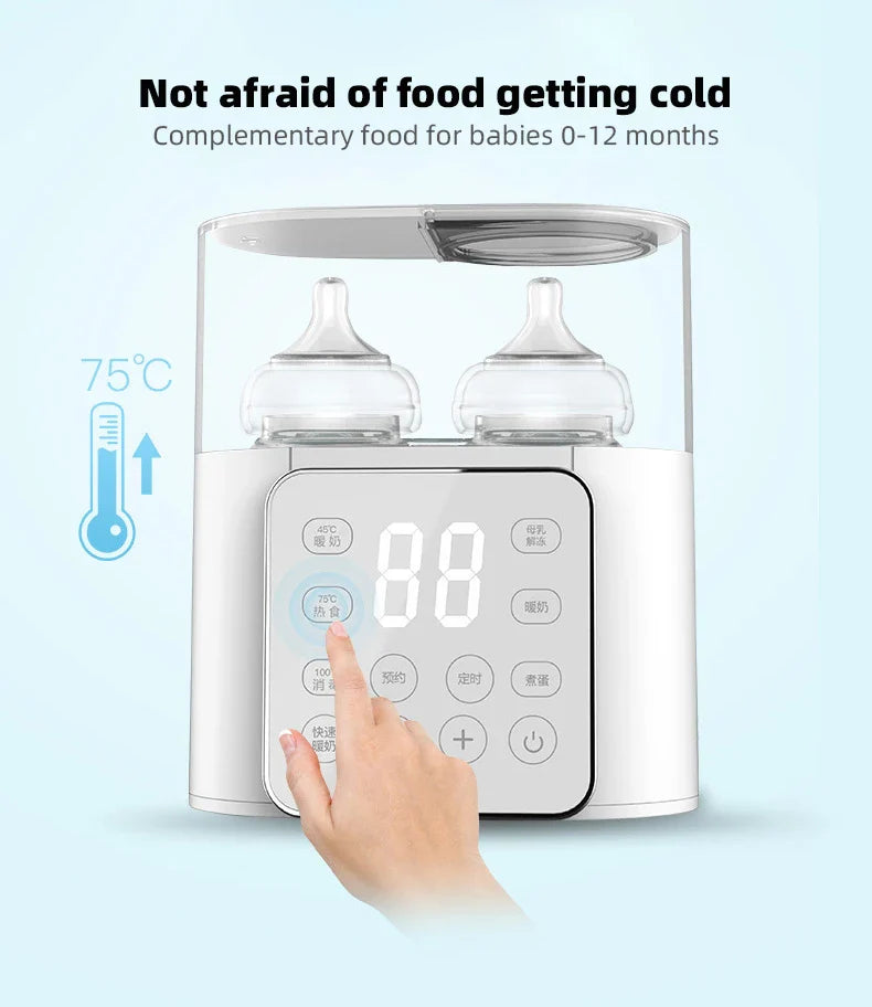 Two-bottle warmer with a hand selecting a control and a temperature graphic beside it.