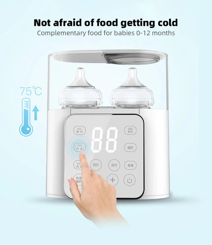 Two-bottle warmer with a hand selecting a control and a temperature graphic beside it.