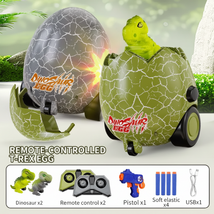 Two dinosaur egg cars with two remotes, one dart blaster, four foam darts, and a USB cable