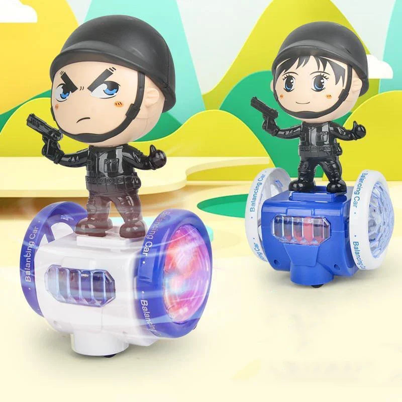 Blue and white character toy cars displayed side by side with illuminated wheels