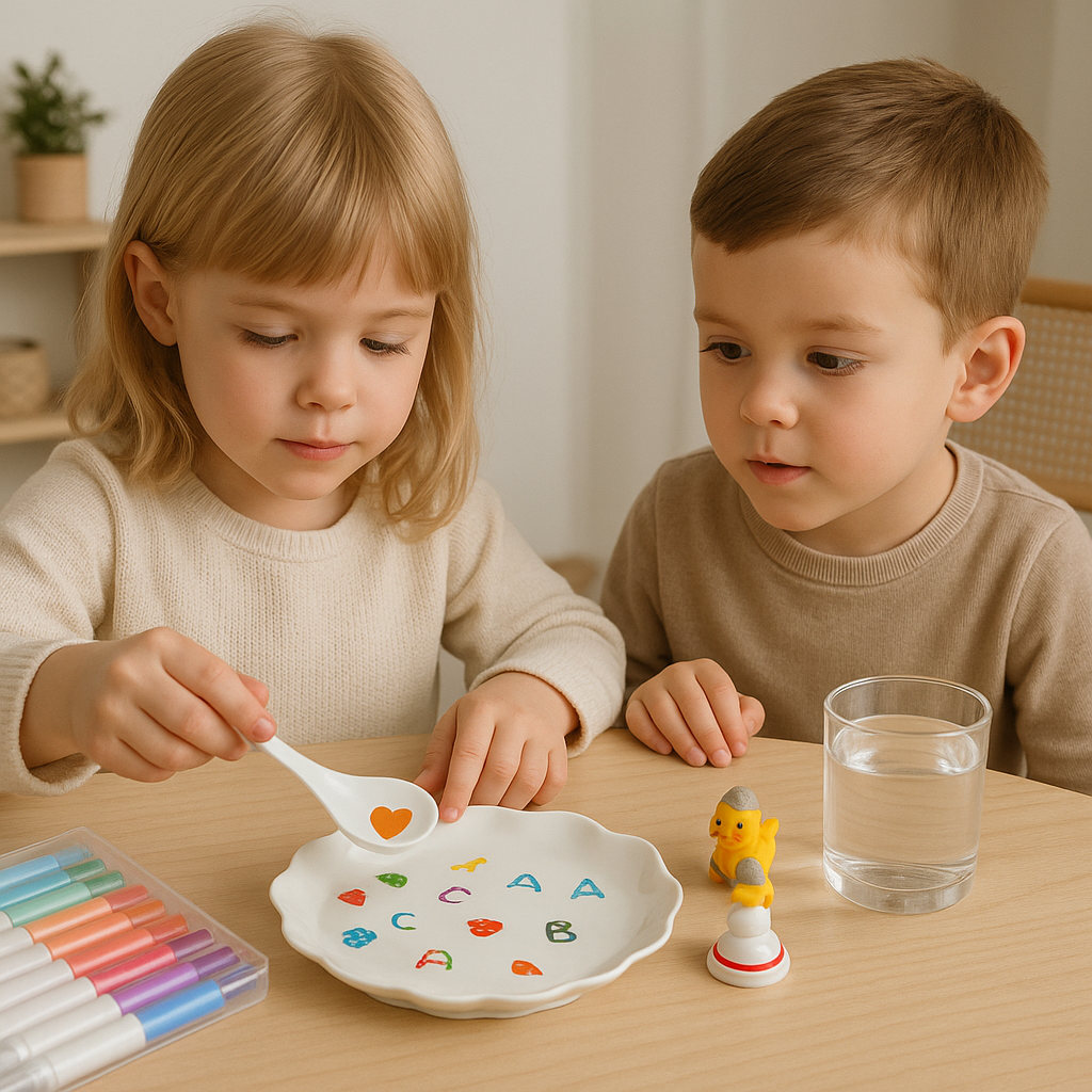 Two children exploring colorful drawings on a plate with a ceramic spoon