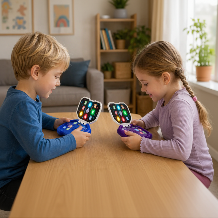 Two children playing blue and purple handheld rhythm games at a table.