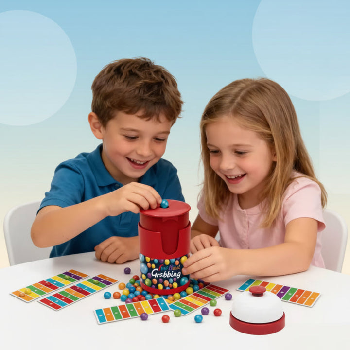 Two children playing a color-matching game with a red bead dispenser, cards, and a bell
