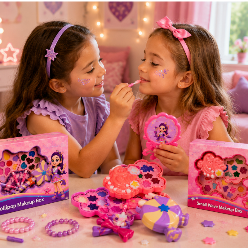 Two children sharing makeup play with an applicator, handheld mirror, and colorful palettes
