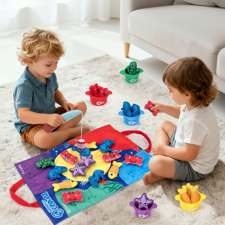 Two children playing the plush fishing game together with color-sorting containers