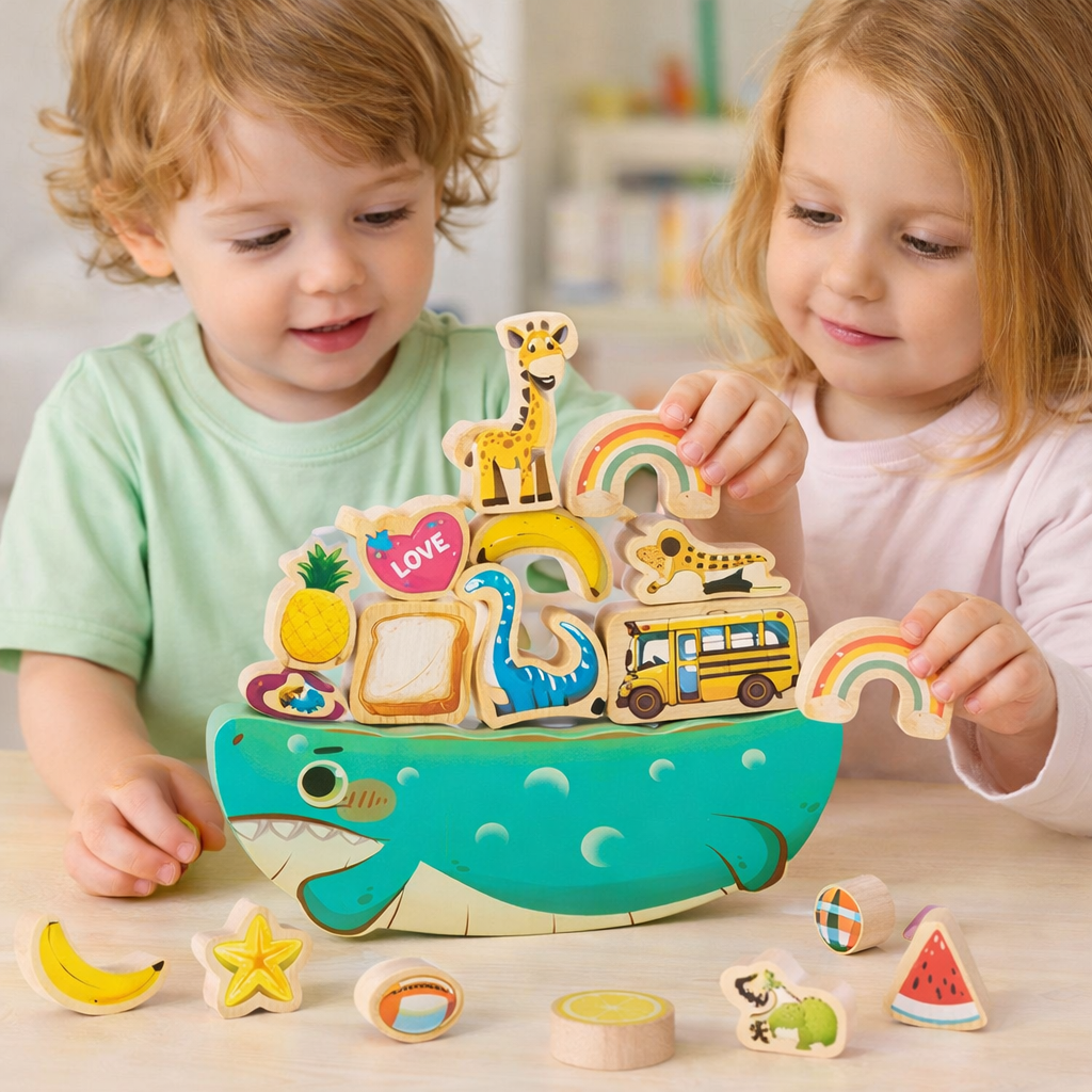 Two children stacking animal and object blocks on a green crocodile balance base