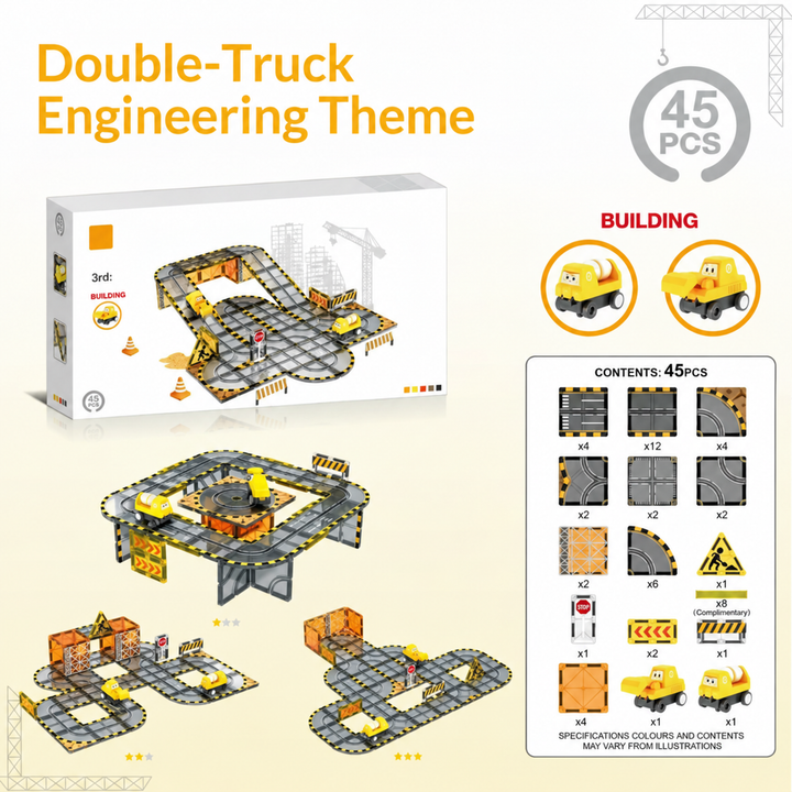 45-piece construction magnetic road set with two yellow vehicles and a contents chart
