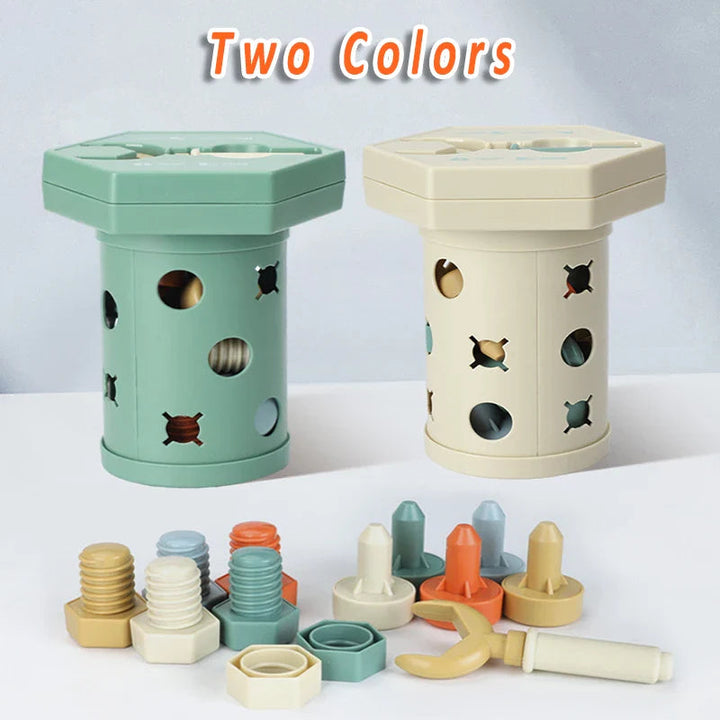 Green and cream activity cylinders with assorted screw pieces and a toy wrench arranged below.