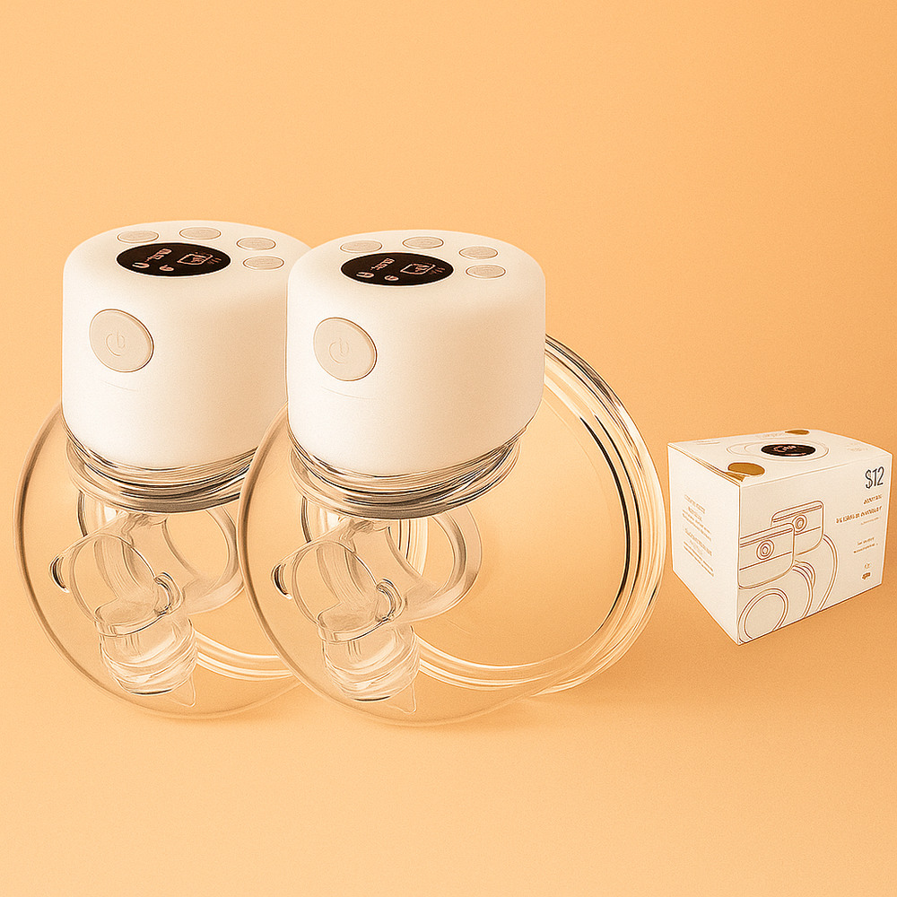 Double set of white wearable electric breast pumps beside a product box