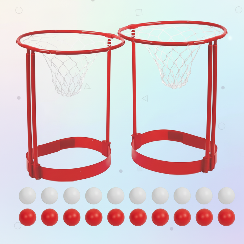 Two red basketball hoop headbands with white nets and 20 red and white balls