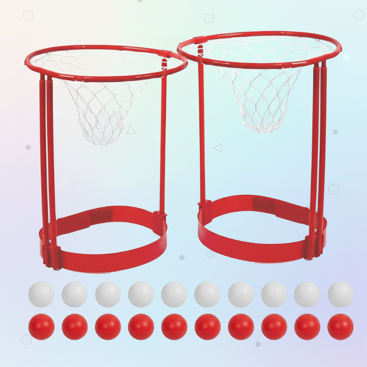 Two red basketball hoop headbands with white nets and 20 red and white balls