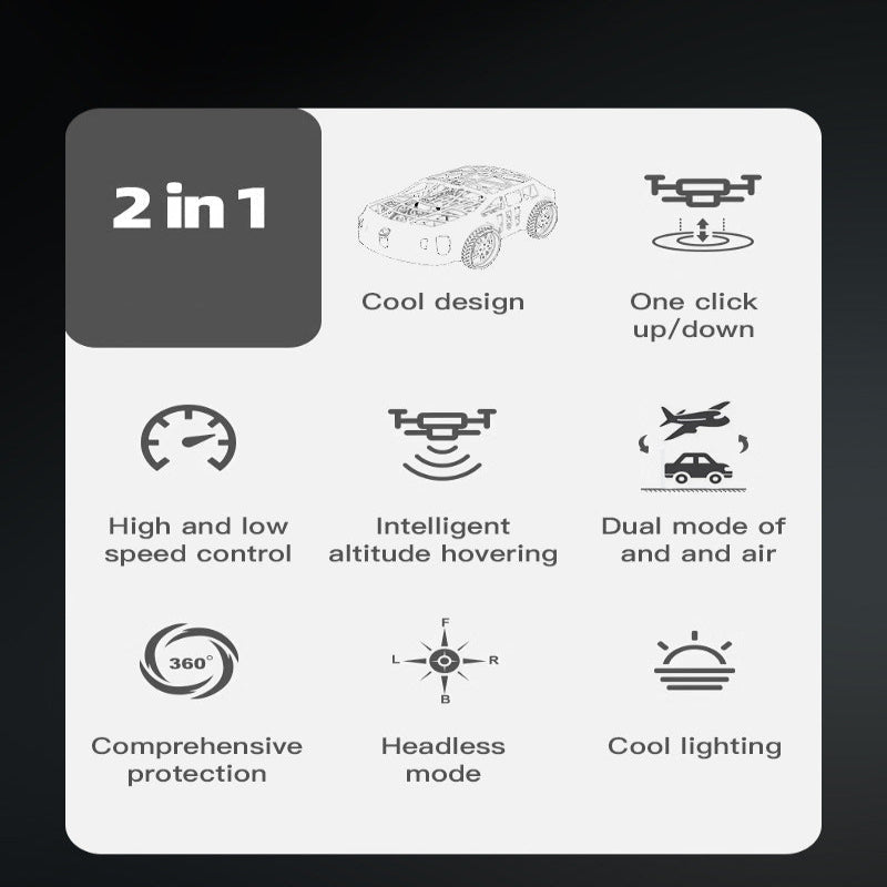 Feature chart for the 2-in-1 RC car and drone showing speed, hover, lighting, and control modes