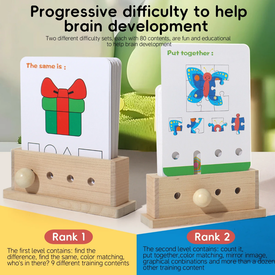 Level 1 and Level 2 logic card sets shown with gift and butterfly challenge cards.