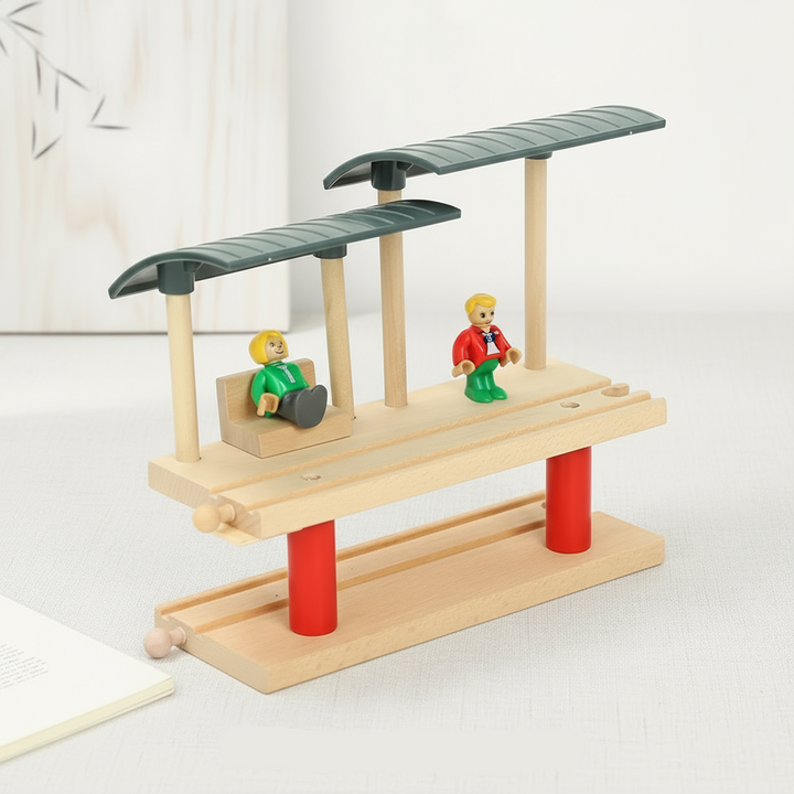 Two-level wooden passenger platform with curved roofs and two figures