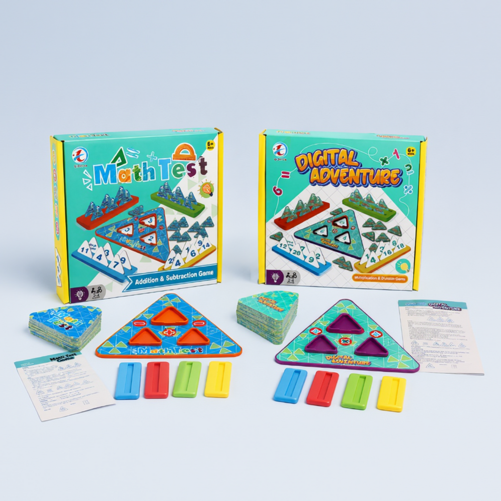 Addition and subtraction and multiplication and division sets displayed with boards, cards, and holders