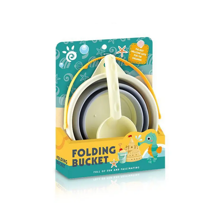Two-piece set with a collapsed gray bucket and cream shovel in cardboard packaging.