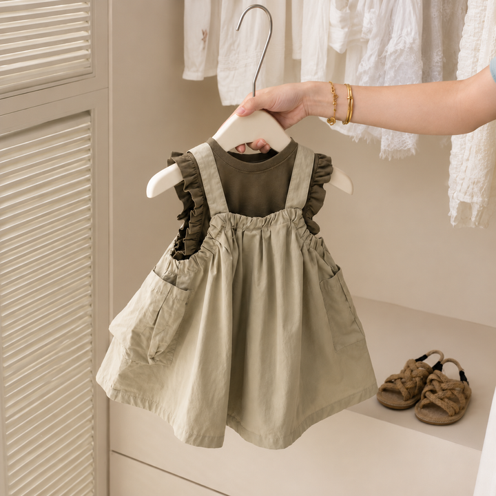 Full front view of the khaki pinafore and olive top on a hanger
