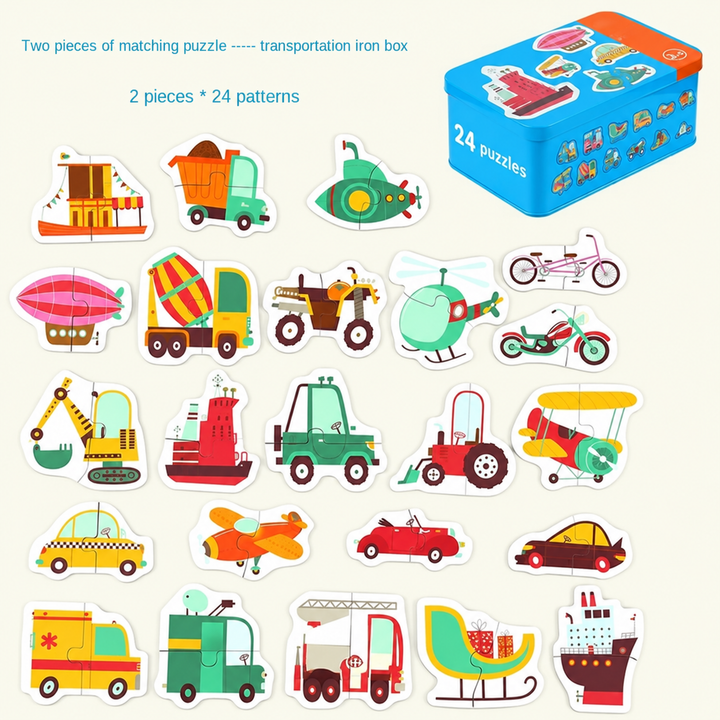 Transportation puzzle chart showing two-piece vehicles and a blue storage tin
