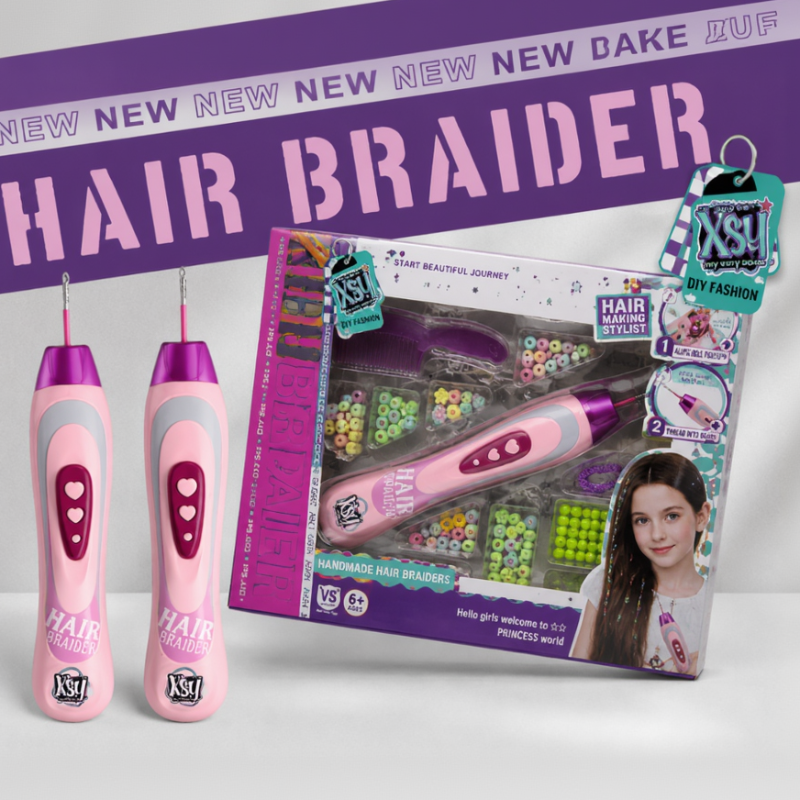 Two pink hair braiding tools displayed in front of the boxed kit