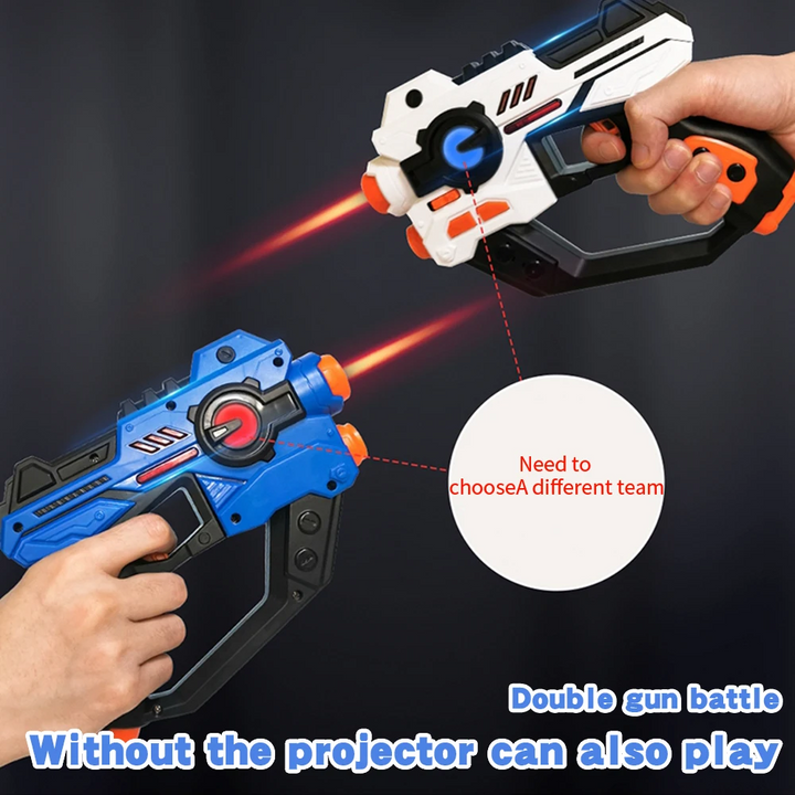Hands holding white and blue laser tag blasters aimed toward each other.