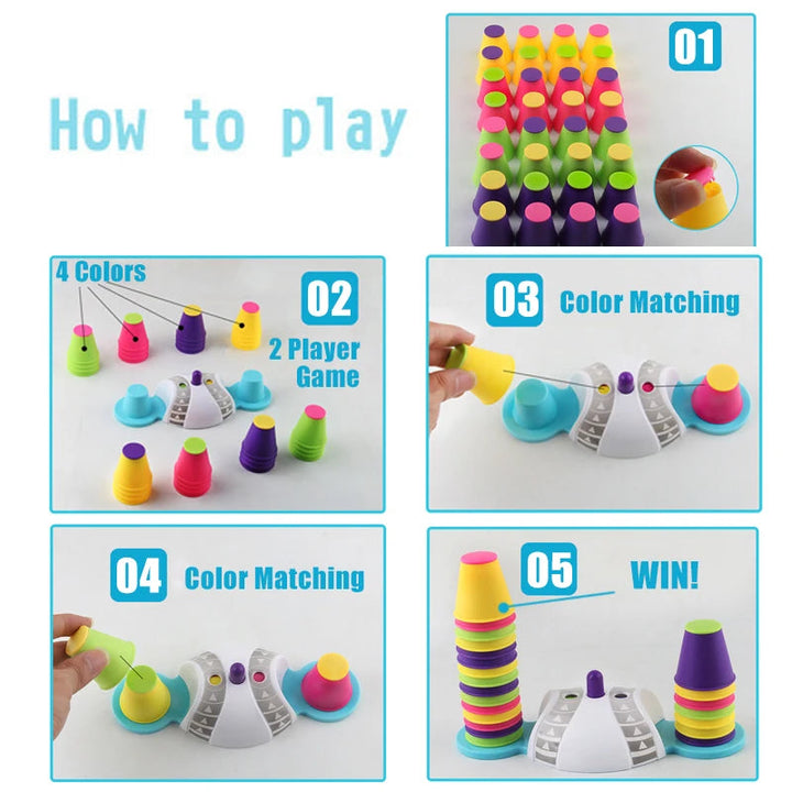 Illustrated steps for setting up and playing the two-player color-matching cup game
