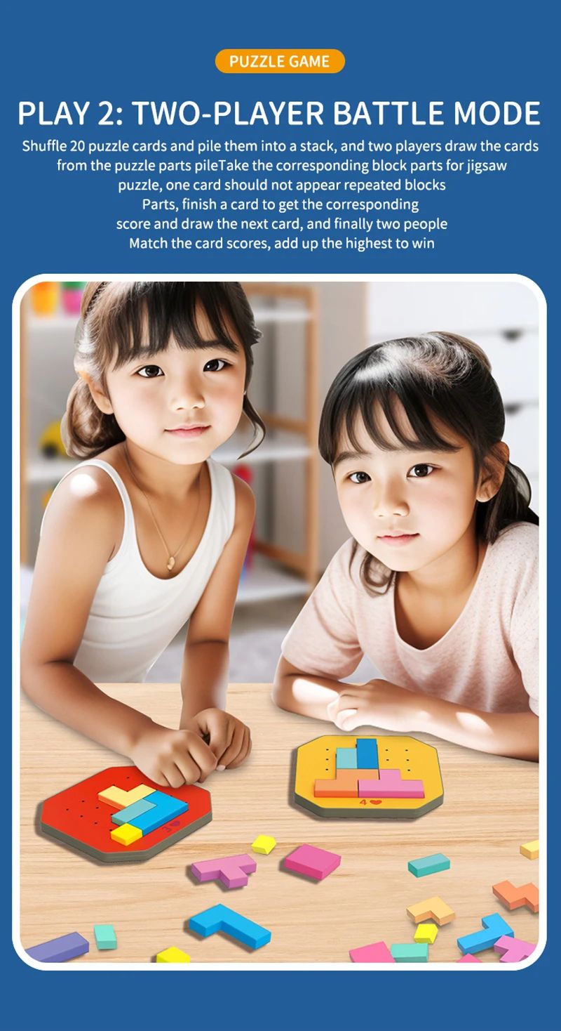 Two children playing with geometric puzzle cards and colorful pieces at a table
