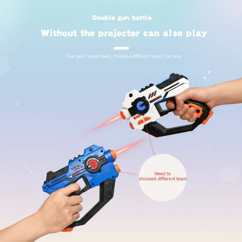Two players holding blue and white laser tag blasters for head-to-head play
