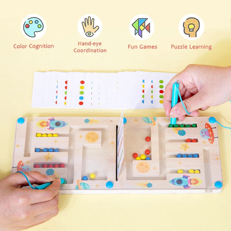 Two players use magnetic wands to match colored beads to a pattern card