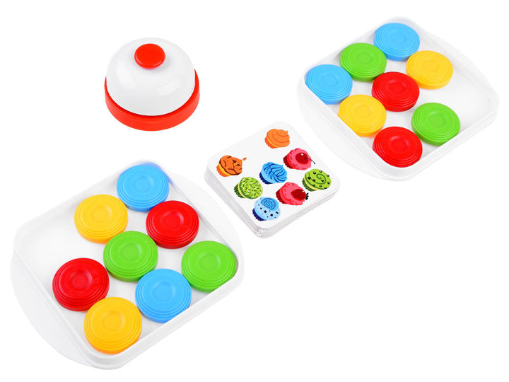 Two filled sliding-puzzle boards with a red-and-white bell and a pattern card