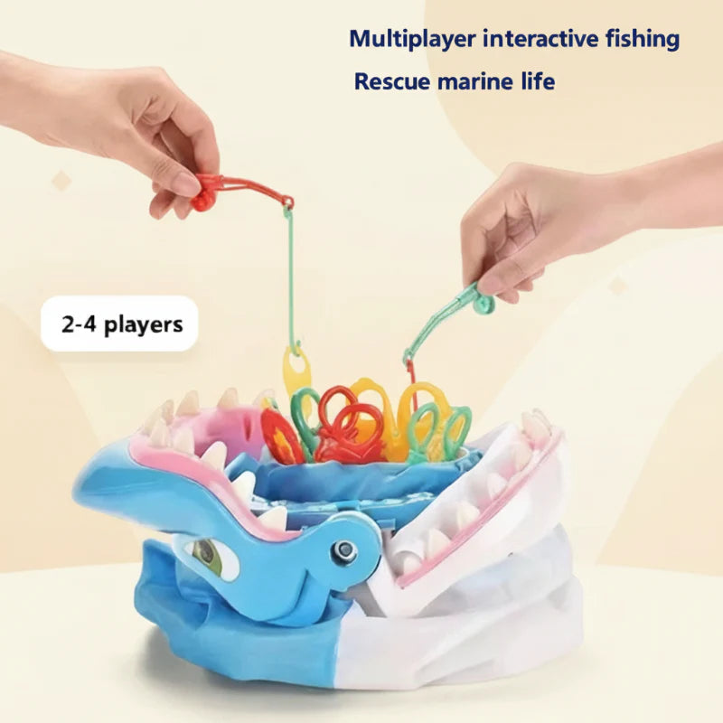 Two players use red and green fishing rods to catch colorful sea creatures from a shark game.