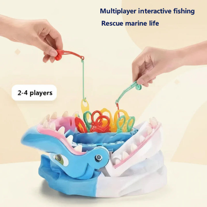 Two players use red and green fishing rods to catch colorful sea creatures from a shark game.