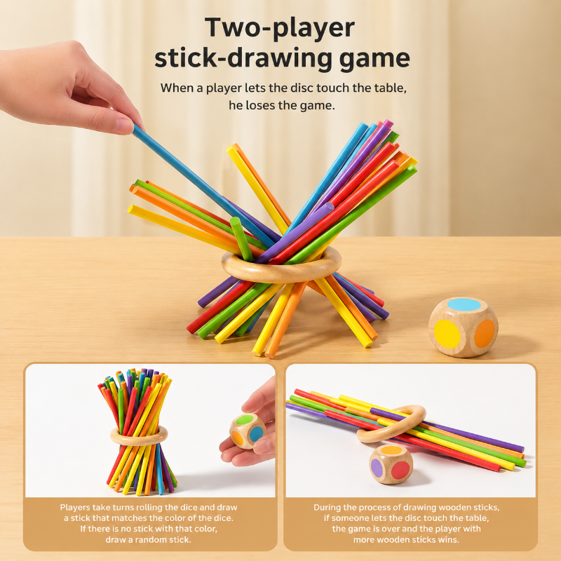 Two-player ring game guide with a hand removing a blue stick and examples of the ring falling.