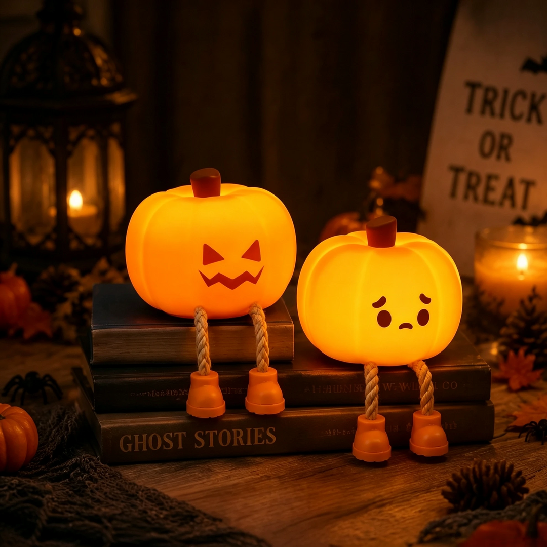 Two glowing pumpkin night lights with different faces and dangling rope legs