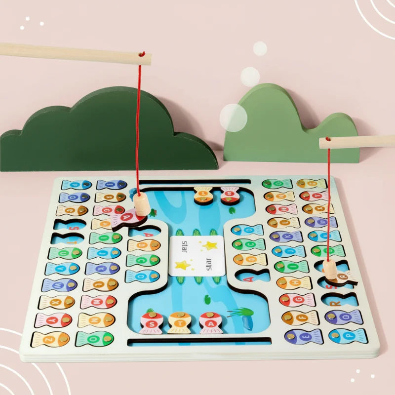 Two rods positioned over colorful fish on a wooden magnetic fishing board