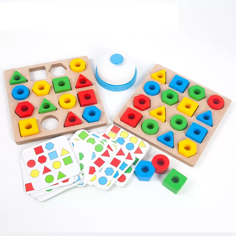 Two wooden puzzle boards with red, yellow, green, and blue blocks, pattern cards, and a bell