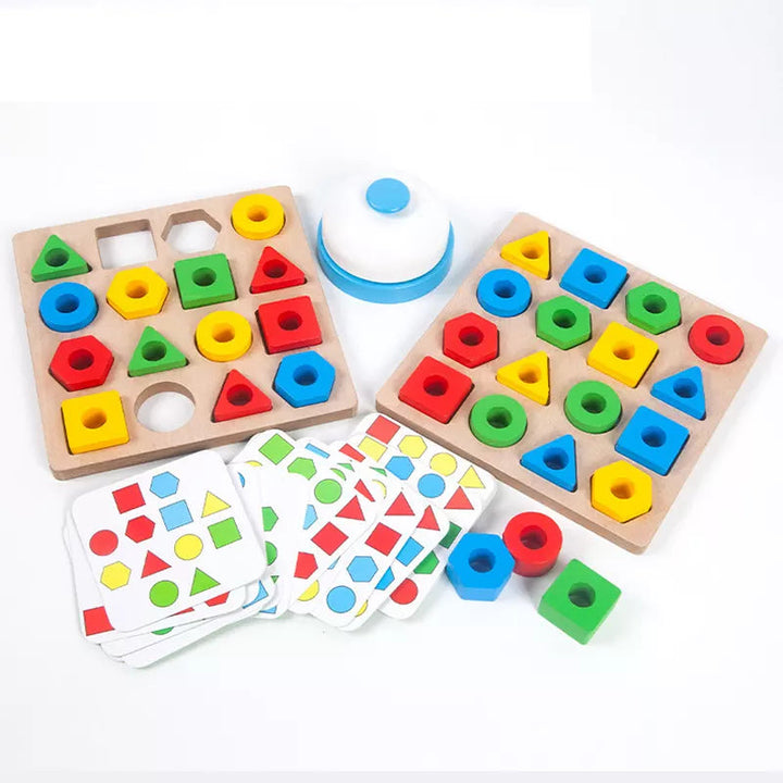 Two wooden puzzle boards with red, yellow, green, and blue blocks, pattern cards, and a bell