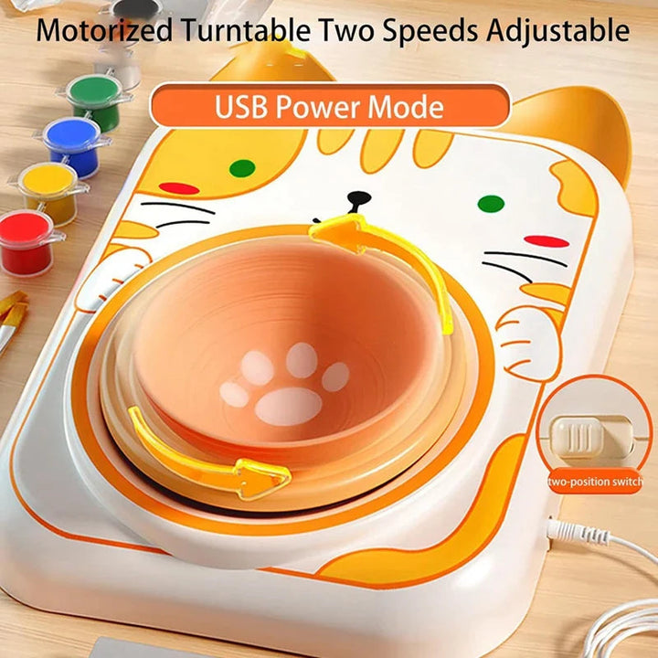 USB-powered cat pottery wheel with a two-speed turntable and side switch