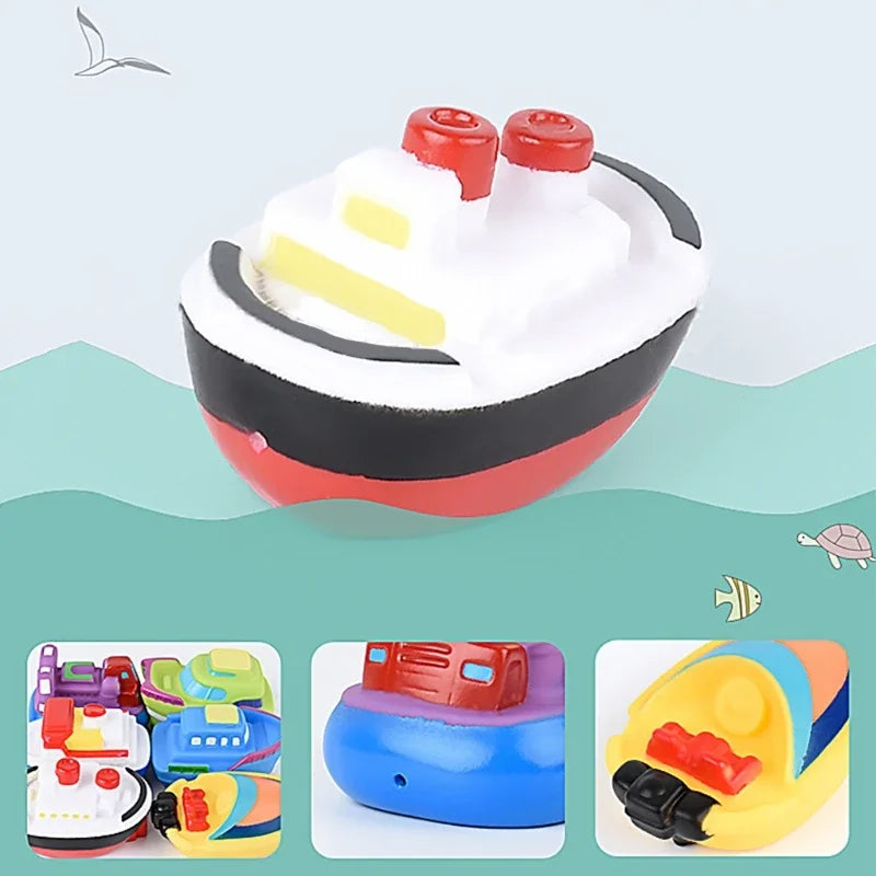 White, black, and red bath boat with two red smokestacks and close-up views of the set