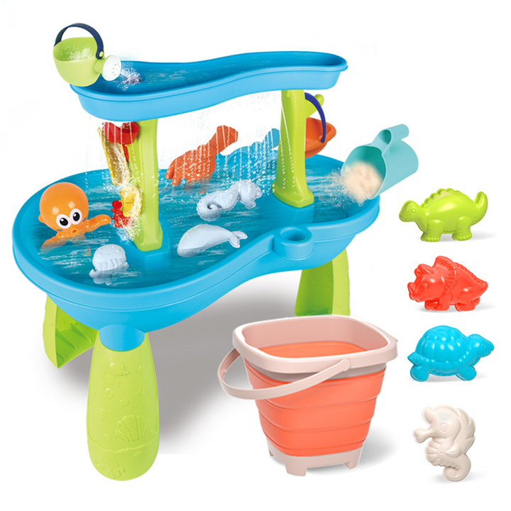 Water table with a raised pouring tray, lower basin, green legs, and colorful play accessories