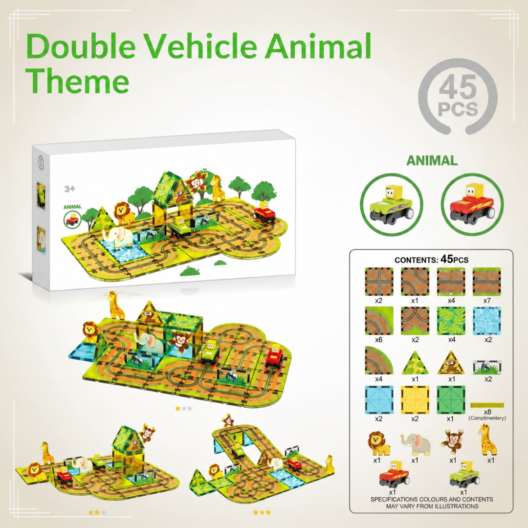 45-piece animal magnetic road set with two vehicles, wildlife panels, and a contents chart
