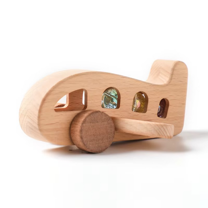 Type 1 wooden airplane with a natural wood body, cutout cabin windows, and brown wheels