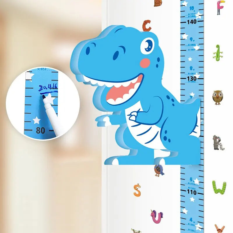 Blue tyrannosaur character beside a height scale decorated with letters and animals