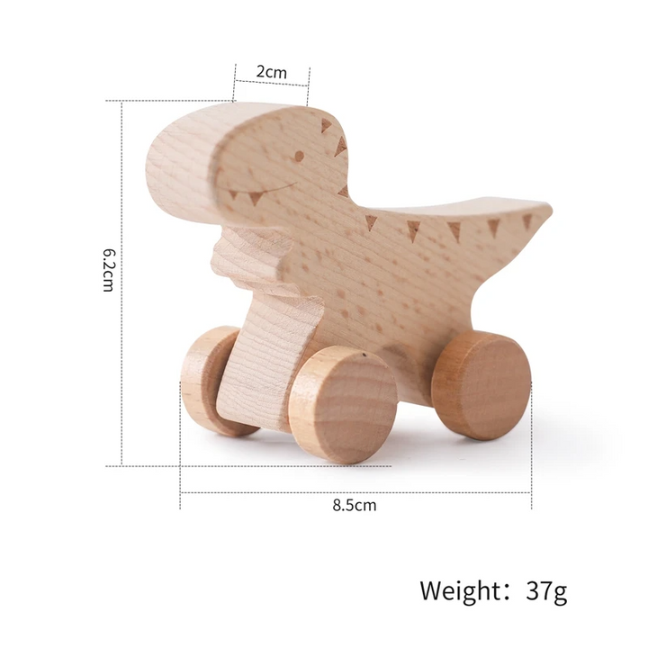 Tyrannosaurus Rex wooden toy car with natural wood wheels and a measurement diagram
