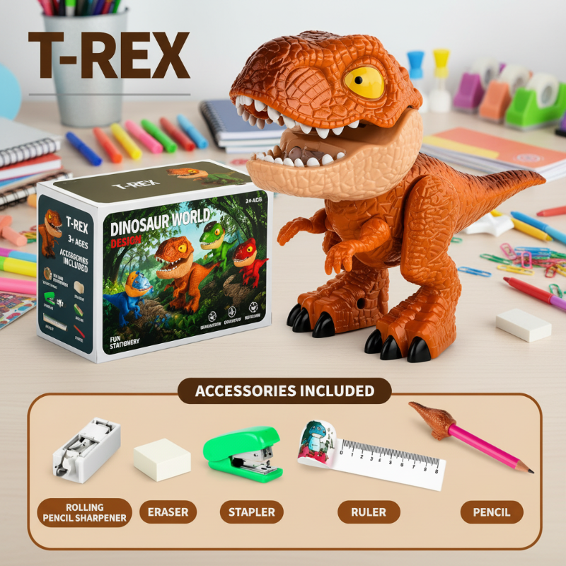 Orange Tyrannosaurus Rex stationery figure with a pencil, ruler, sharpener, eraser, and mini stapler
