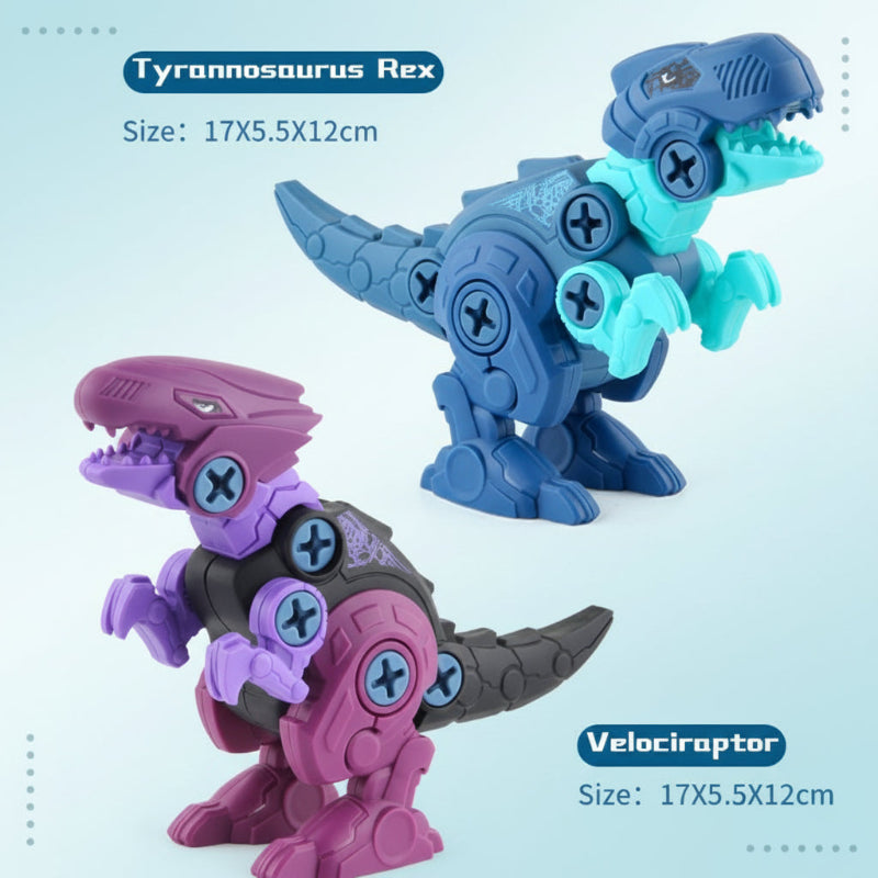 Blue Tyrannosaurus rex and purple Velociraptor with dimensions of 17 x 5.5 x 12 cm each