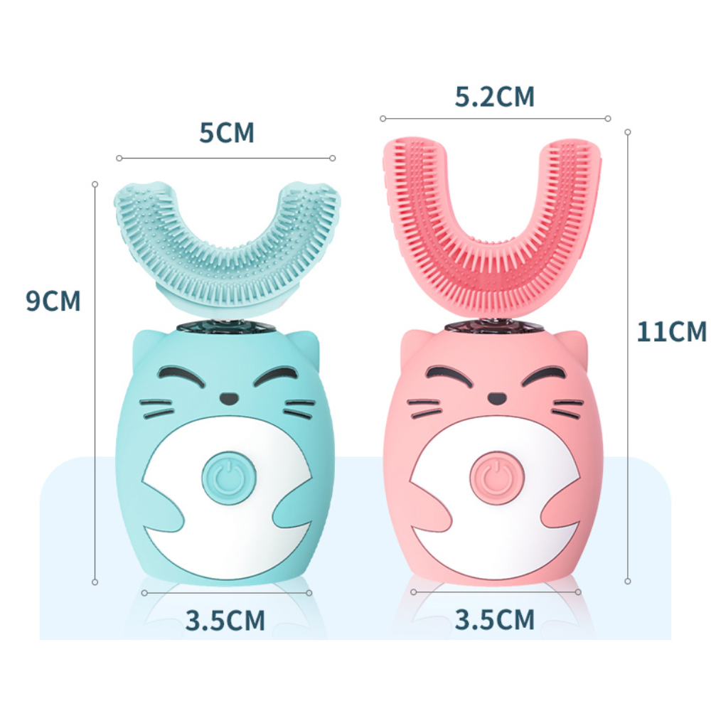 Toothbrush size chart showing 9 cm and 11 cm heights, head widths and base widths