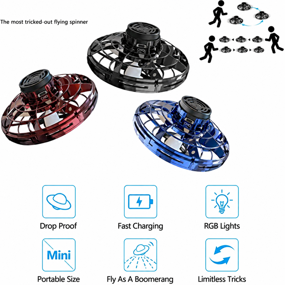 Red, black, and blue UFO drones with icons for charging, lights, portability, and flying tricks