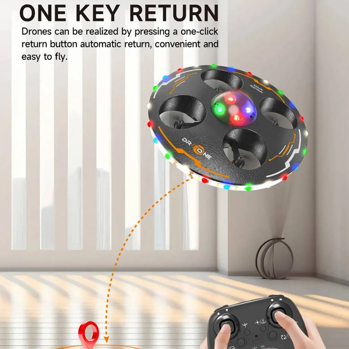 Black UFO drone illustrating one-key return with the remote control