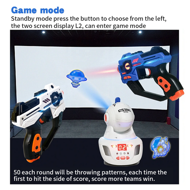 Game mode illustration with two blasters, a tabletop projector, and a UFO target.