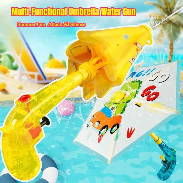 Close-up of an umbrella water gun handle alongside an open dinosaur canopy